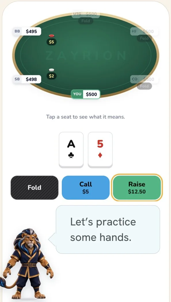 The Trainer's first spot, with Zane saying Let's practice some hands