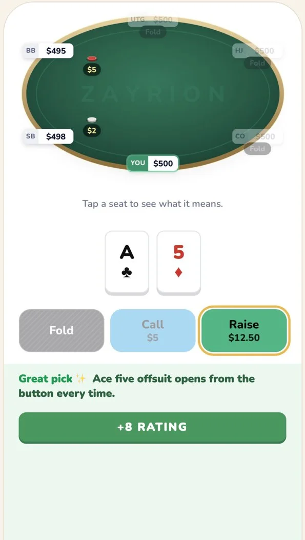 A preflop spot graded Great pick, with +8 rating