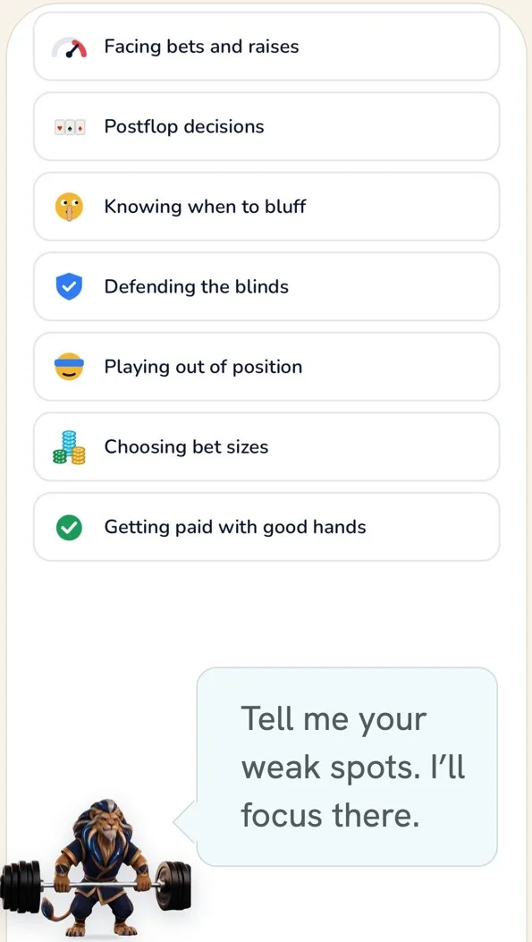 A list of spots to train, from facing bets and raises to choosing bet sizes