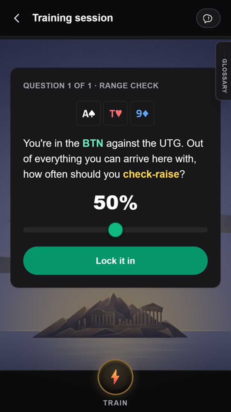 Zayrion poker trainer screenshot: Range checks. Button against UTG: out of everything you can arrive here with, how often should you check-raise?